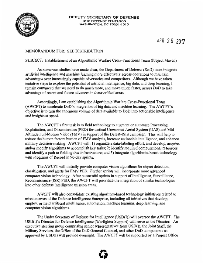 Scanned first page of an official Department of Defense memorandum dated April 26, 2017, signed by Deputy Secretary of Defense Robert O. Work. The document is titled "Establishment of an Algorithmic Warfare Cross-Functional Team (Project Maven)." It announces the creation of the Pentagon's Algorithmic Warfare Cross-Functional Team to accelerate the integration of artificial intelligence, machine learning, and computer vision into defense operations. The memorandum explains that the initial mission is to apply AI to processing full-motion video from unmanned aerial systems, improving object detection, classification, and actionable intelligence while reducing the workload on intelligence analysts. The Department of Defense seal appears at the top left, with official Pentagon letterhead across the page.