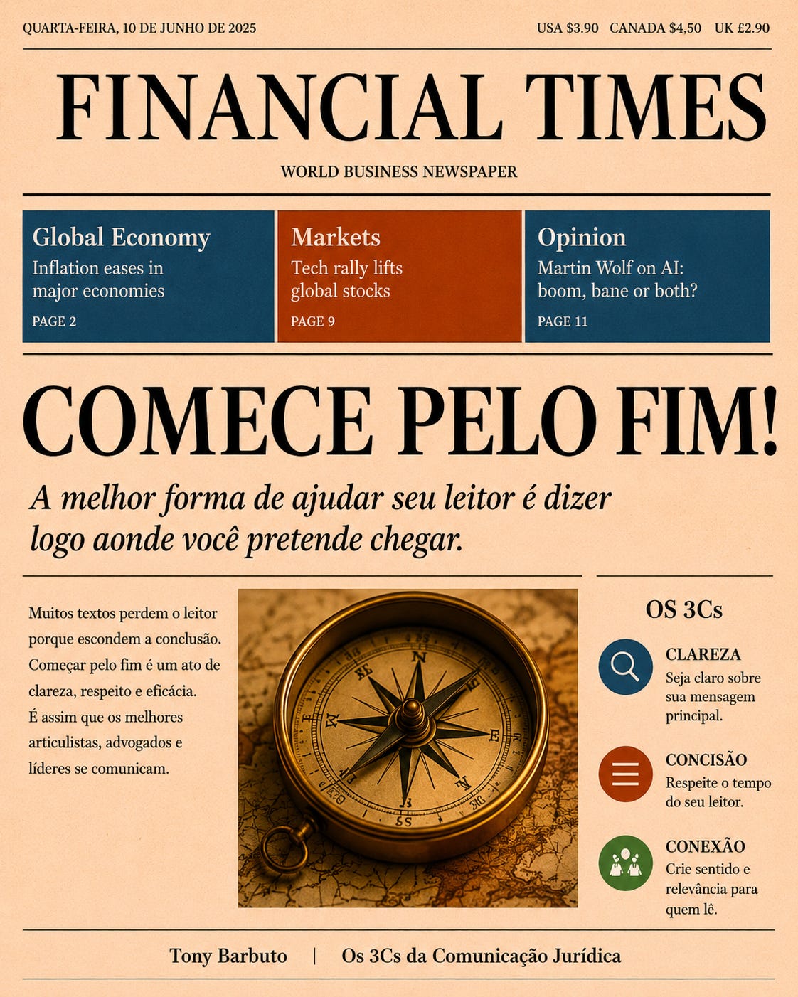 Ilustração inspirada na primeira página de um jornal econômico em tom salmão. A manchete principal diz “COMECE PELO FIM!”. Abaixo, o subtítulo afirma: “A melhor forma de ajudar seu leitor é dizer logo aonde você pretende chegar.” A página inclui uma bússola sobre um mapa antigo e uma coluna lateral com os 3Cs da comunicação jurídica: Clareza, Concisão e Conexão. O layout remete visualmente ao Financial Times e reforça a ideia de apresentar a conclusão antes dos argumentos. Ilustração inspirada na primeira página de um jornal econômico em tom salmão. A manchete principal diz “COMECE PELO FIM!”. Abaixo, o subtítulo afirma: “A melhor forma de ajudar seu leitor é dizer logo aonde você pretende chegar.” A página inclui uma bússola sobre um mapa antigo e uma coluna lateral com os 3Cs da comunicação jurídica: Clareza, Concisão e Conexão. O layout remete visualmente ao Financial Times e reforça a ideia de apresentar a conclusão antes dos argumentos.