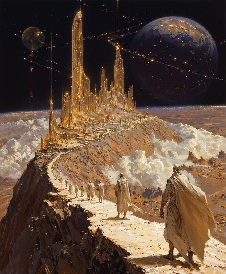 This may contain: an artist's rendering of a sci - fi city on the edge of a desert