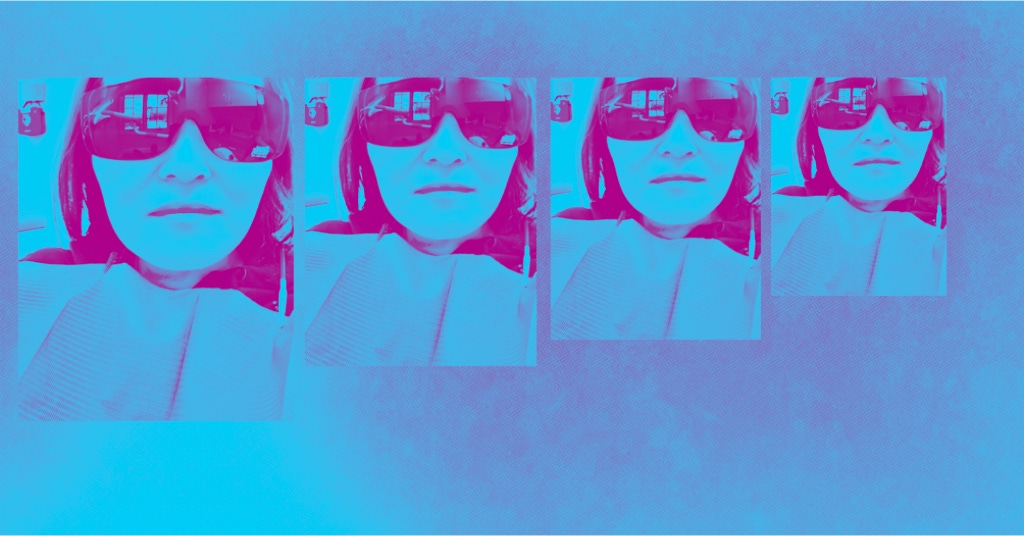 two-tone selfie duplicated four times smaller and smaller wearing dentist sunglasses and dentist bib