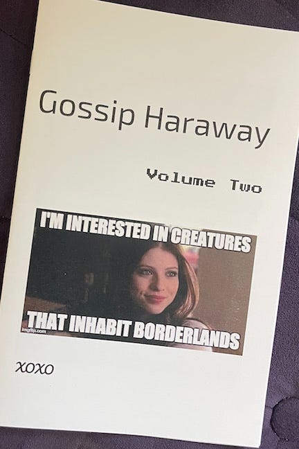 Cover of the zine Gossip Haraway: Volume Two displayed against a dark purple fabric background. The minimalist white cover features the title in clean black text and includes a meme-style image of a smiling woman (from a TV show), with bold white caption text reading: “I’M INTERESTED IN CREATURES THAT INHABIT BORDERLANDS.” The bottom of the cover includes the text “XOXO.”