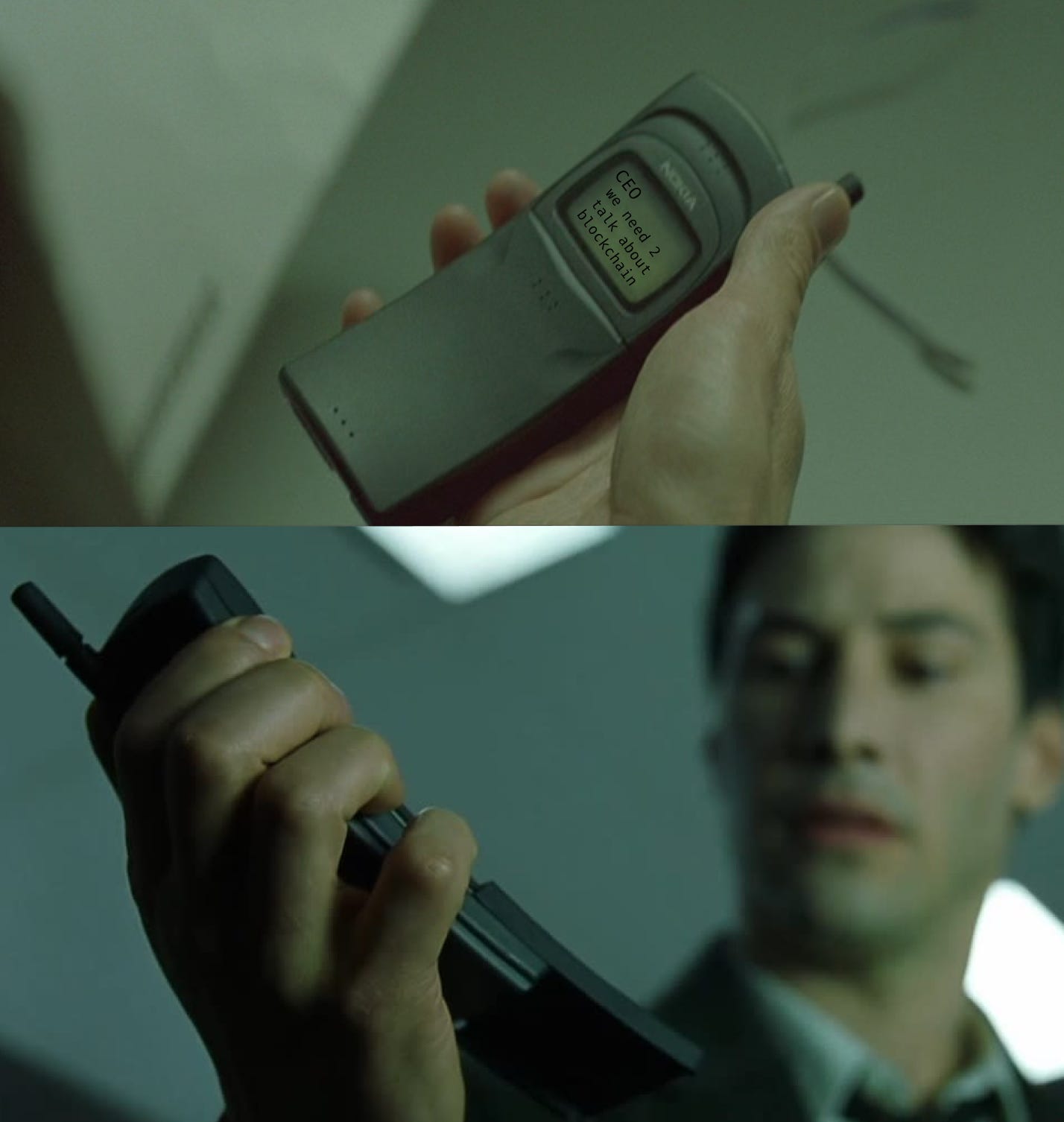 Neo gets a text from his CEO saying they need to discuss blockchain. Neo looks worried.
