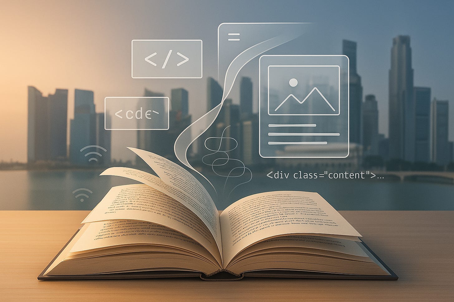 A sleek, modern composition showing an open literature book (visible classic text) on a clean desk, with pages appearing to flow and transform into digital elements - wireframes, code snippets, and UI elements floating above. Singapore's modern skyline subtly visible in the background. Professional lighting with a warm-to-cool gradient. No people, focus on the symbolic transformation from analog to digital.