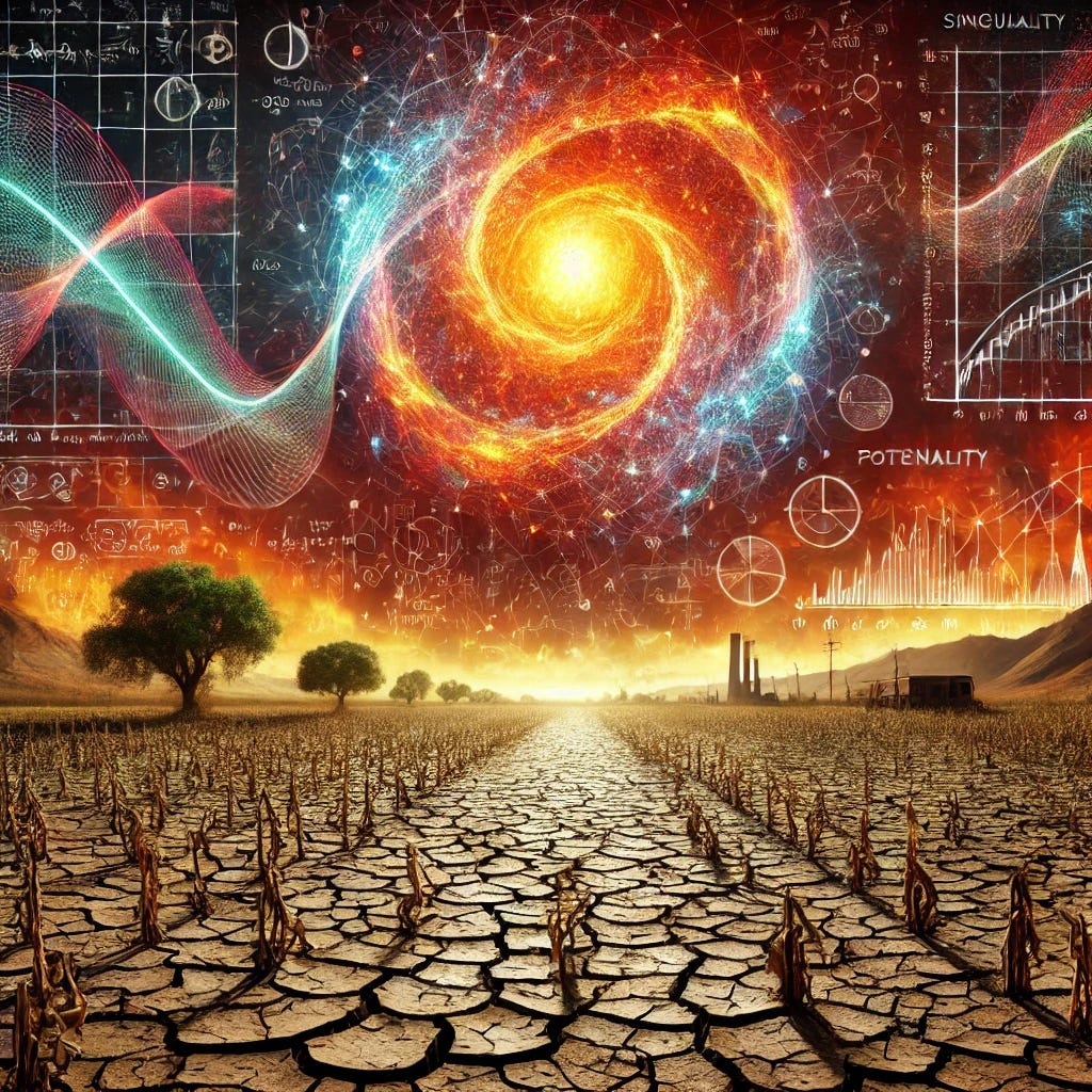 A vivid scene depicting the severe impact of climate change, with intense heat waves causing dry, cracked earth and scorched crops in a barren landscape. In the sky above, mathematical models are shown predicting future conditions, with a singularity point highlighted at the center of geometric curves and lines that spread out like a network of possible futures. The models and data connect the extreme heat to potential future outcomes, symbolizing the power of predictive modeling in understanding climate change.