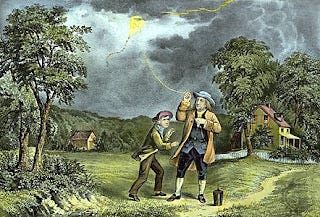 班傑明·富蘭克林 Benjamin Franklin 在暴風雨中飛風箏，發明了避雷針，Source: history.com