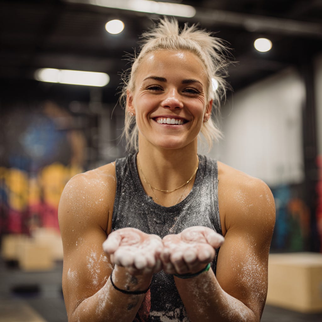 Strong, fit, Scandinavian woman putting chalk on before lifting in the gym.