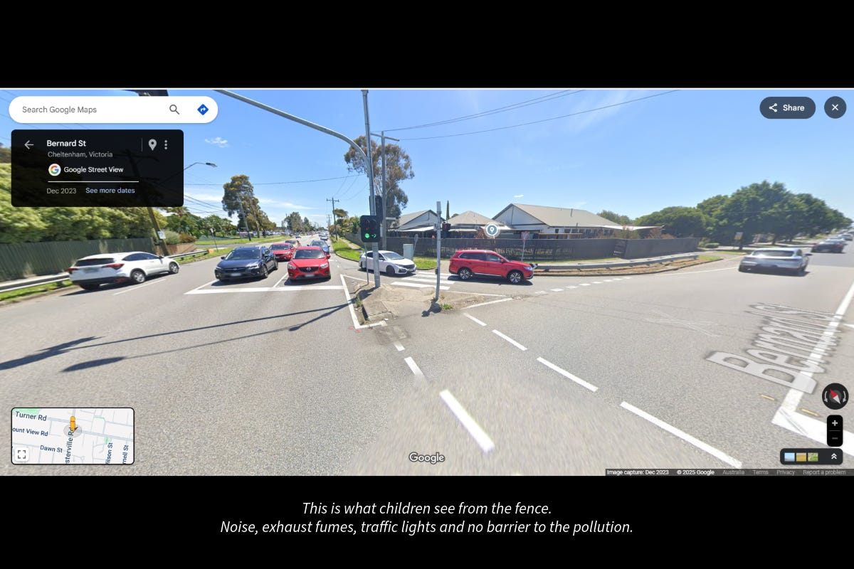 Aerial and street views of 1A Bernard Street, Cheltenham — a childcare centre surrounded by high-traffic intersections and heavy vehicle routes.
