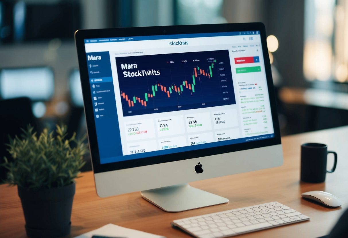 A computer screen showing the MARA StockTwits page with stock charts and user comments