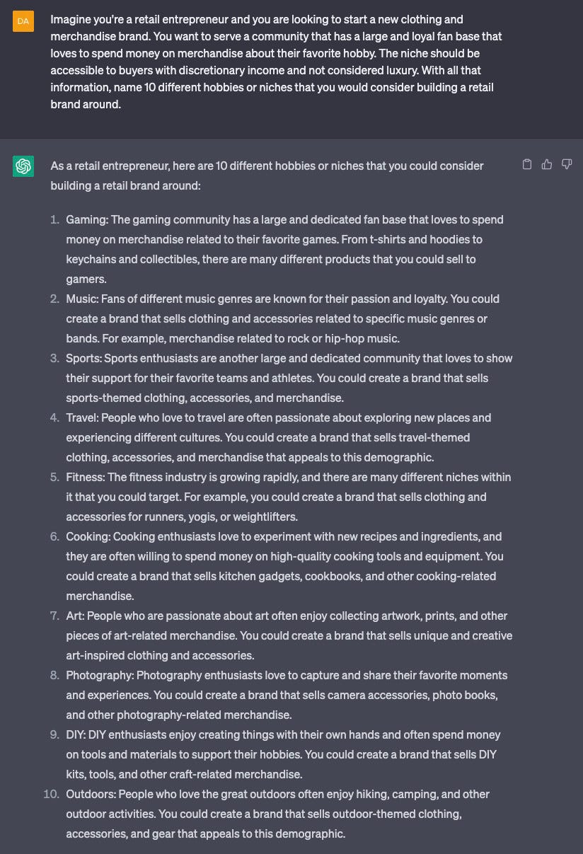 A prompt typed into ChatGPT and the responses given by the app