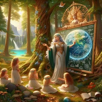 The wonderful beautiful goddess Gaia teaches climate science to her five daughters over a whiteboard in the forest digital art