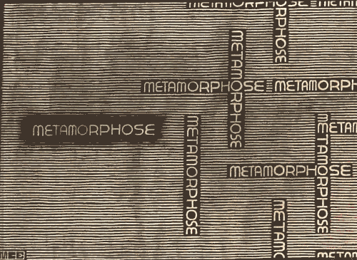 Opera grafica di M.C. Escher intitolata "Metamorphose". L'immagine presenta uno sfondo a righe orizzontali fitte su cui si intersecano, in orizzontale e verticale, diverse occorrenze della parola "METAMORPHOSE" scritte con un carattere tipografico stilizzato e geometrico. In alcuni punti, le lettere sembrano emergere o fondersi con le linee dello sfondo, creando un gioco ottico tipico dell'artista. I colori sono virati sui toni del seppia e del marrone scuro. In basso a sinistra è visibile il monogramma "MCE".