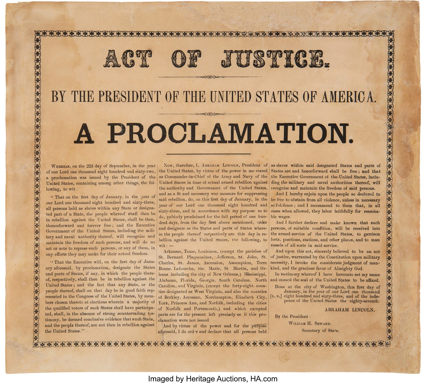 Abraham Lincoln]. Emancipation Proclamation Printed Broadside.... | Lot  #47057 | Heritage Auctions