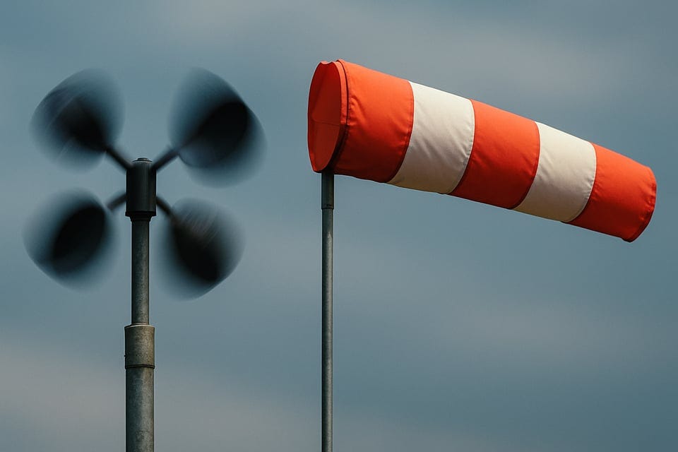 windsock showing strong wind and anemometer spinning wildly windsock showing strong wind and anemometer spinning wildly