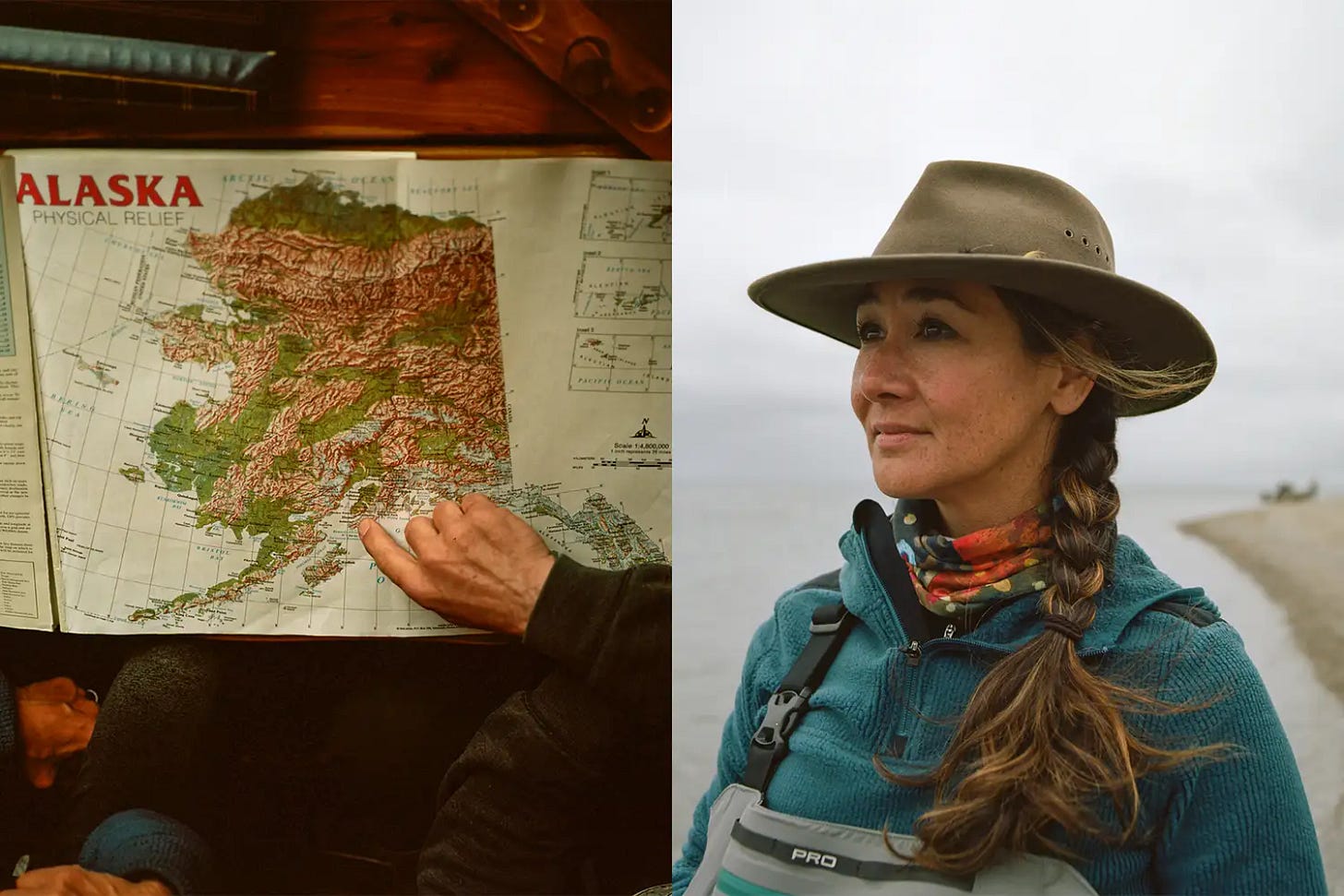 Left a hand points to a map of Alaska Right a woman wearing an outdoor hat and gear is pictured in profile near a coastline Left a hand points to a map of Alaska Right a woman wearing an outdoor hat and gear is pictured in profile near a coastline