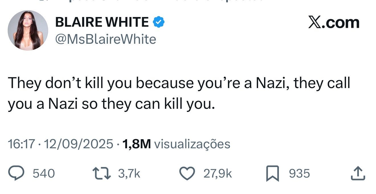 Júlia Zanatta on X: "Eles não te matam porque você é um nazi. Eles te  chamam de nazi para eles poderem te matar. É isso. https://t.co/PD8qWMOTPX"  / X