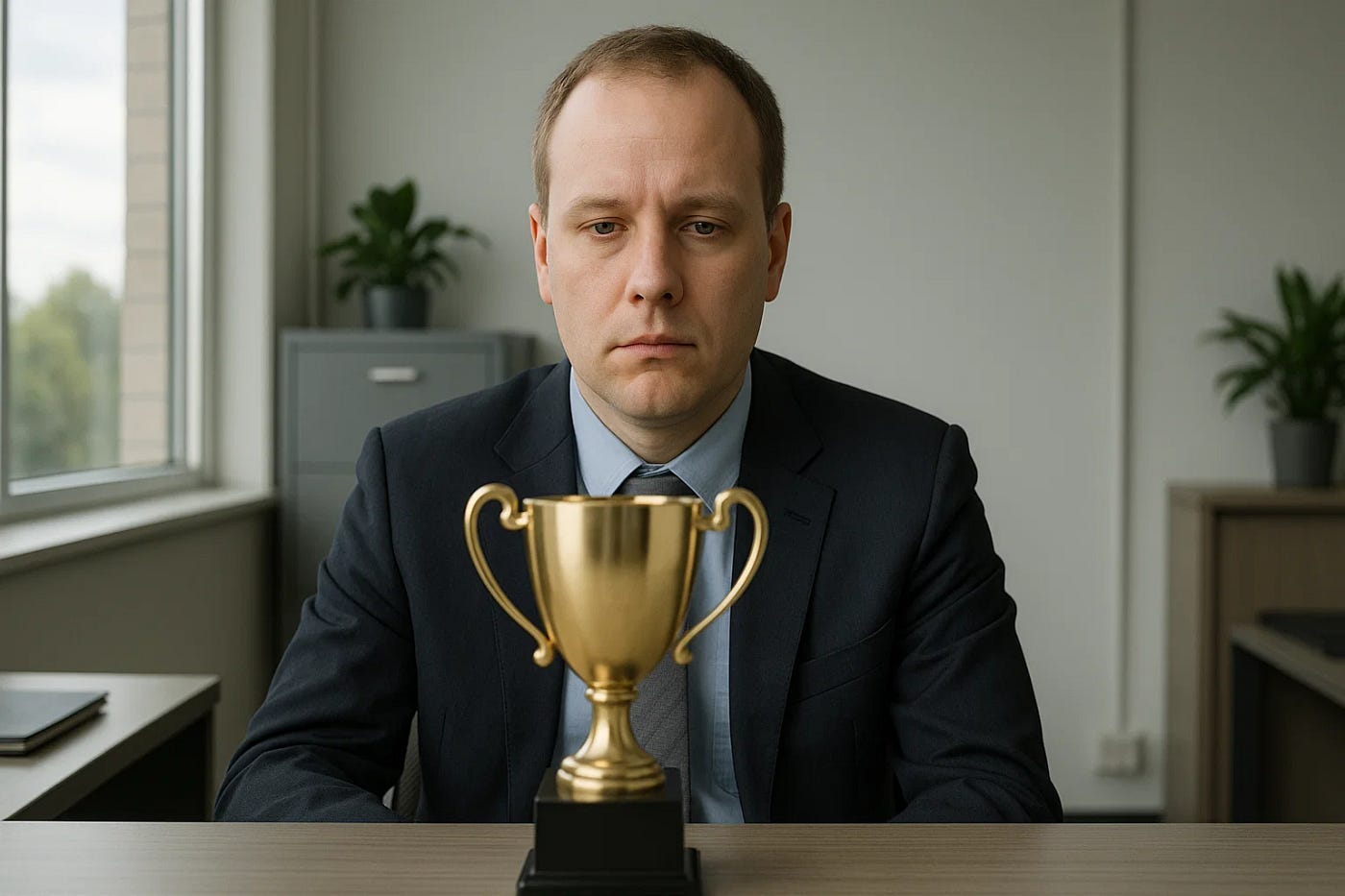 A man in a suit sits at a desk in an office, staring blankly at a gold trophy in front of him. His expression is somber and detached, suggesting a sense of emptiness, disillusionment, or burnout despite external success. The mood contrasts achievement with emotional numbness.