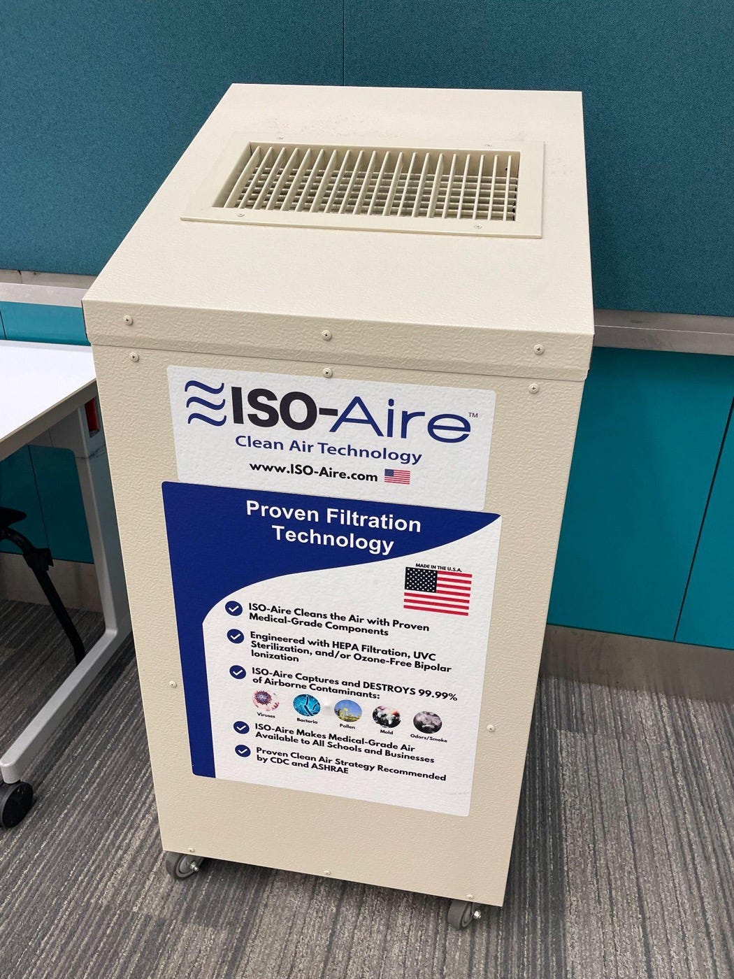 A free-standing ISO-Aire portable HEPA air purification unit. A free-standing ISO-Aire portable HEPA air purification unit.