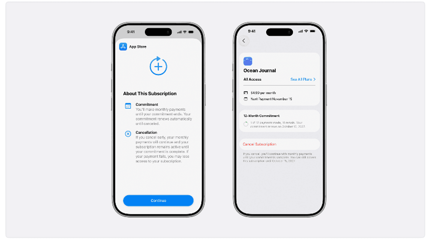 Apple's official illustration showing two iPhone mockups of the new 12-month commitment subscription: the paywall and the subscription management screen.