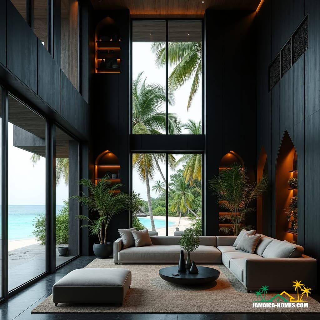 A luxurious modern Gothic-inspired interior in a Caribbean cottage