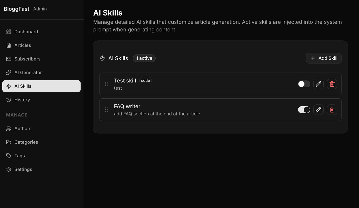BloggFast AI skills page. Image by Jim Clyde Monge