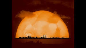 This is an image of the fireball from the first test of a thermonuclear weapon, Ivy Mike, Pacific Proving Ground, November 1, 1952. In this image, published in Life magazine in April 1954, a sketch of the skyline of Manhattan is silhouetted at the bottom, not quite to scale. In the fireball of a nuclear weapon, everything is instantly obliterated.