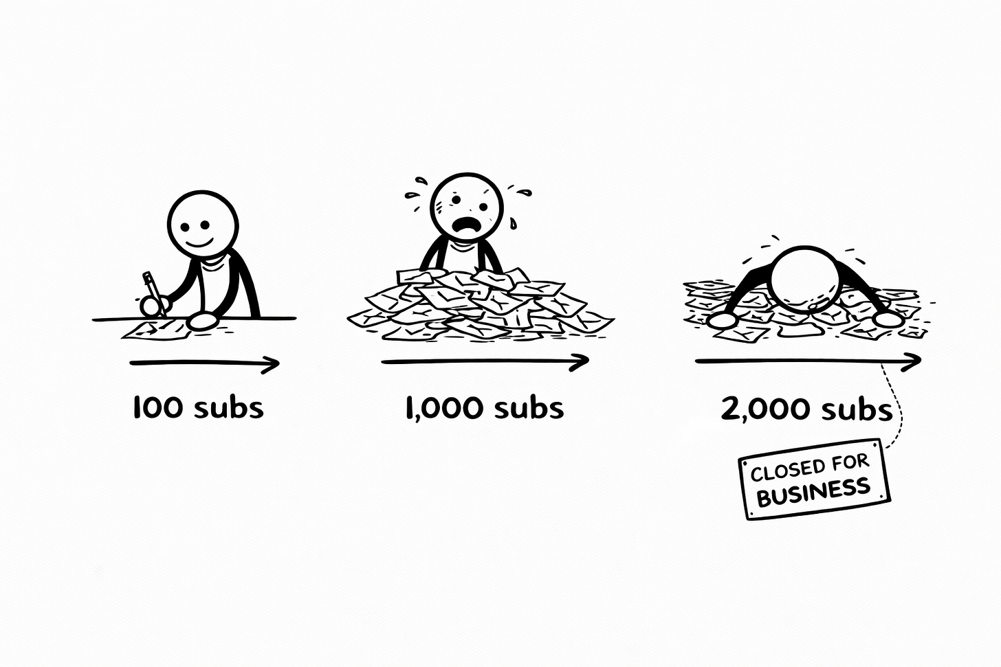 Black-and-white hand-drawn three-panel sketch showing a stick figure at 100 subscribers happily writing a welcome note, at 1,000 subscribers sweating under a pile of messages, and at 2,000 subscribers face-down in letters with a Closed For Business sign, illustrating how subscriber welcome messages become unsustainable as newsletters grow