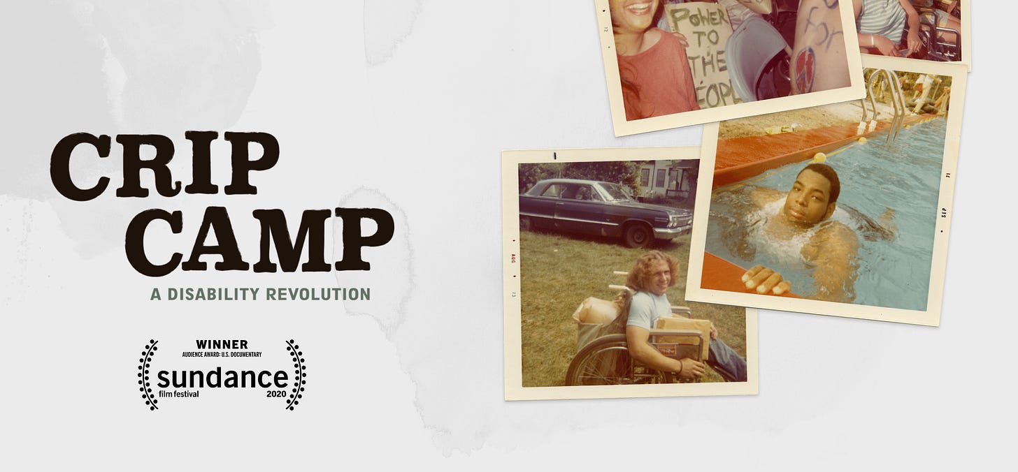 Crip Camp: A Disability Revolution documentary graphic with polaroids of disabled people at camp. Crip Camp: A Disability Revolution documentary graphic with polaroids of disabled people at camp.