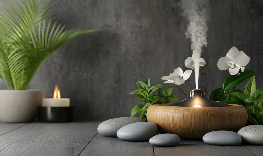 Mist rises from a diffuser beside orchids, stones, and a candle.