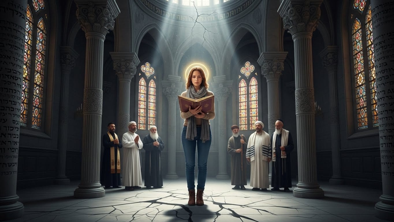 A modern woman stands boldly in the center of a grand, sacred space holding an open holy book, while male religious leaders watch from the shadows behind her. Light shines directly on her, symbolizing knowledge and defiance, as the sacred architecture around her begins to fracture.