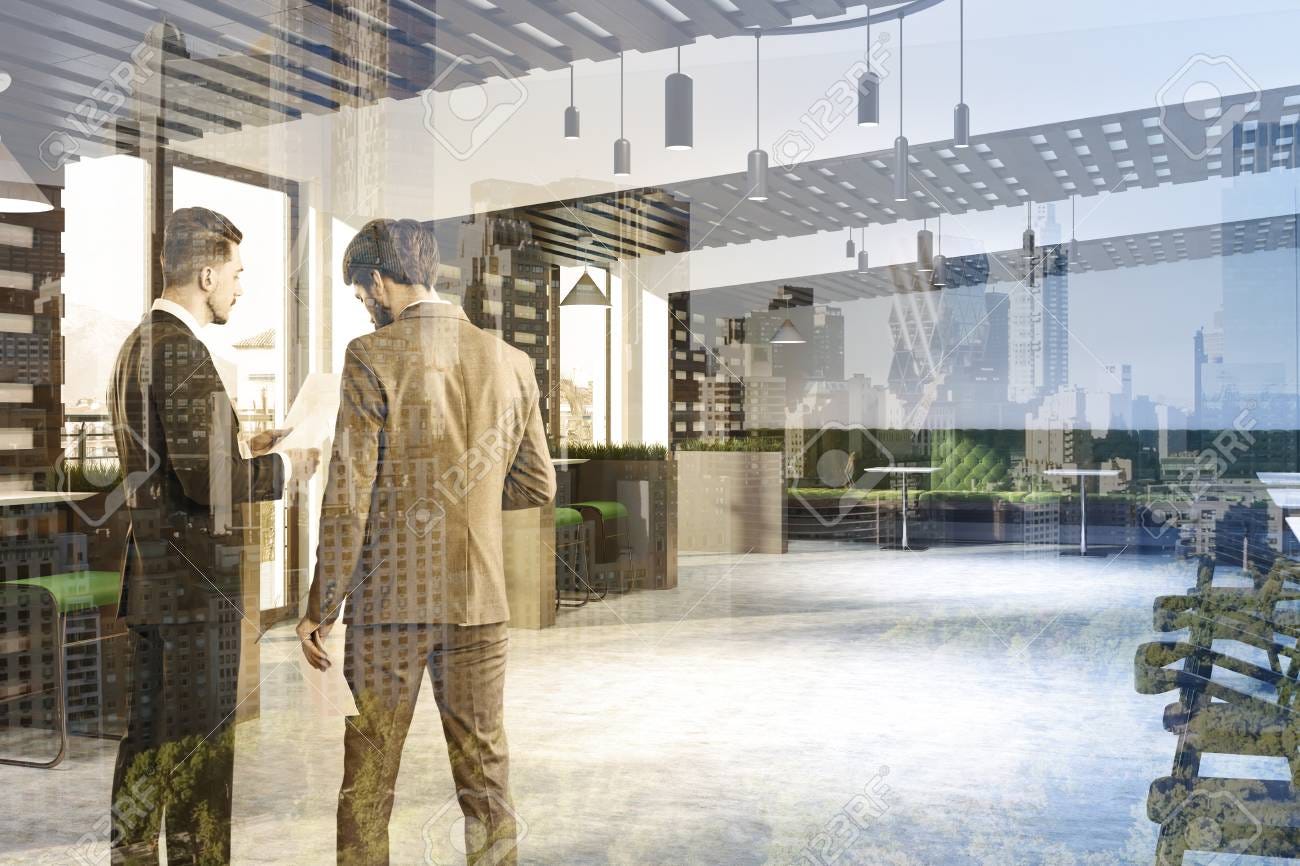 Eco style hipster cafe corner with a concrete floor a wooden and white walls and large windows. Flower beds as decorations. Business people 3d rendering mock up toned image double exposure - 96117446