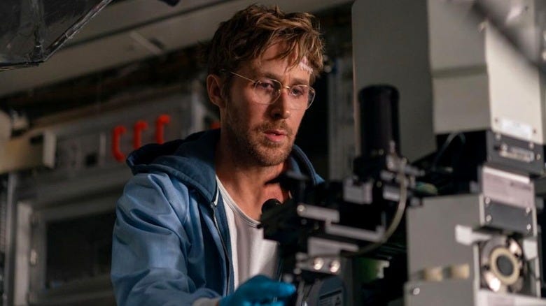 Grace doing some experiments in Project Hail Mary Ryland Grace studying Astrophage in a lab in Project Hail Mary film scene with scientific equipment