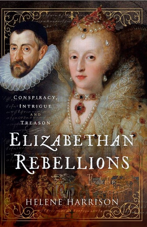 Three book covers, one for Elizabethan Rebellions, one for Tudor Executions, and one for The Many Faces of Anne Boleyn