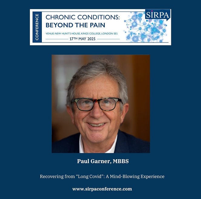 Smiling man with glasses, labeled "Paul Garner, MBBS." Text above reads "Chronic Conditions: Beyond the Pain" conference, 17 May 2025.