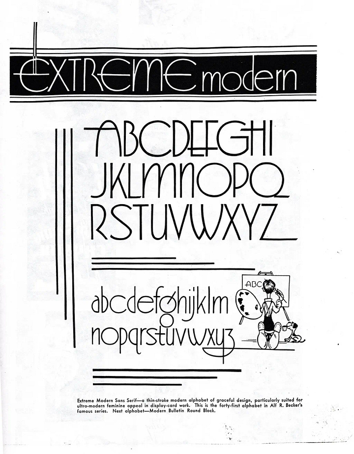 Scanned page from Signs of the Times — Alf R. Becker's Alphabet No. 41, Extreme Modern Sans Serif, a tall, thin-stroke Art Deco uppercase and lowercase with geometric proportions and refined, minimal detailing.