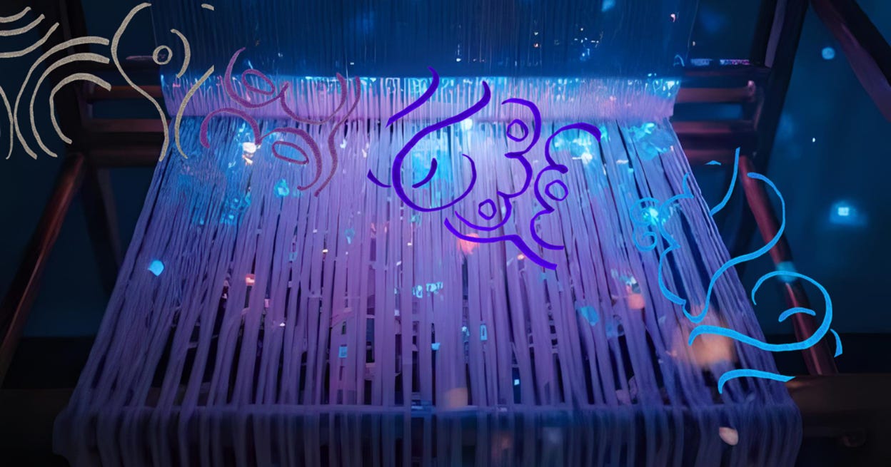 A close up of an ethereal loom weaving cosmic glyphs

