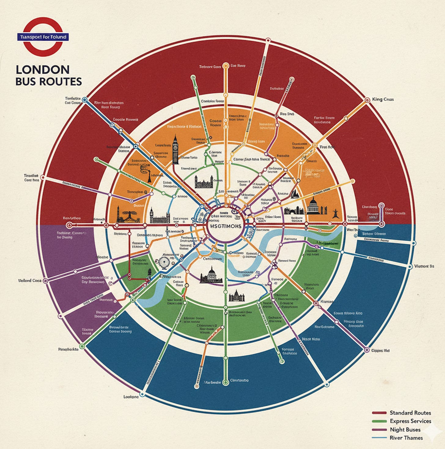 London Bus Routes map, showing standard routes, express services, night buses, and river Thames services in a circular, schematic design.