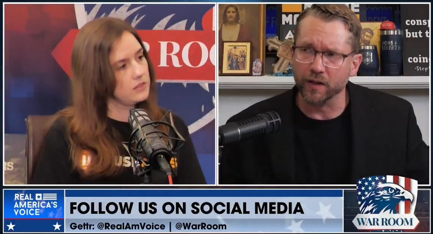 Holly Elmore in a split-screen interview with Joe Allen; Bannon's War Room