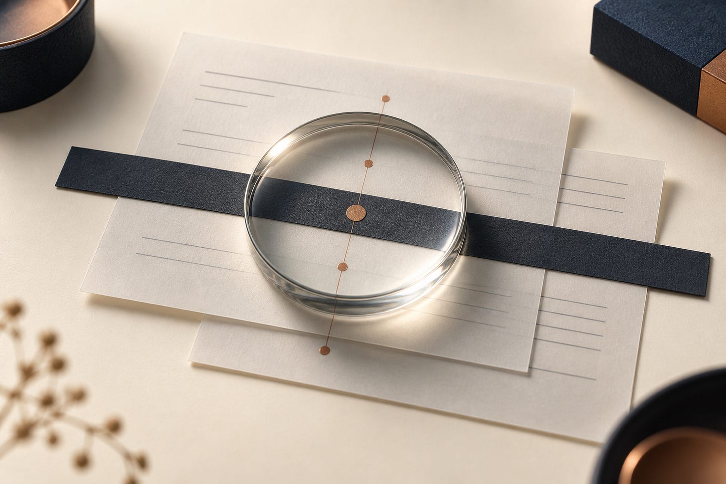 Conceptual illustration of a glass lens over layered paper records with aligned copper marks. Conceptual illustration of a glass lens over layered paper records with aligned copper marks.