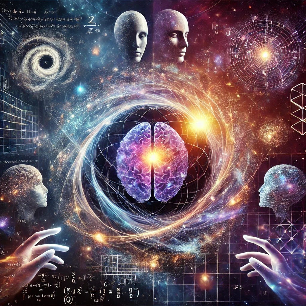 A surreal and visually striking digital artwork symbolizing the core themes of multisense realism (MSR). The image features a cosmic background blending galaxies, stars, and deep space with faint mathematical equations and abstract patterns floating. At the center, a large glowing sphere represents the aesthetic source of reality, emitting waves of light that split into two streams: one becoming a human brain with neural pathways glowing, the other forming abstract geometric structures symbolizing computation and physical matter. Both streams loop back into the sphere, suggesting unity. Surrounding the scene, translucent layers of human faces, eyes, and hands reaching out symbolize perception, experience, and participation. Subtle reflections hint at mirrors and duality. Colors include deep blues, purples, golds, and radiant whites, evoking mystery and cosmic significance.