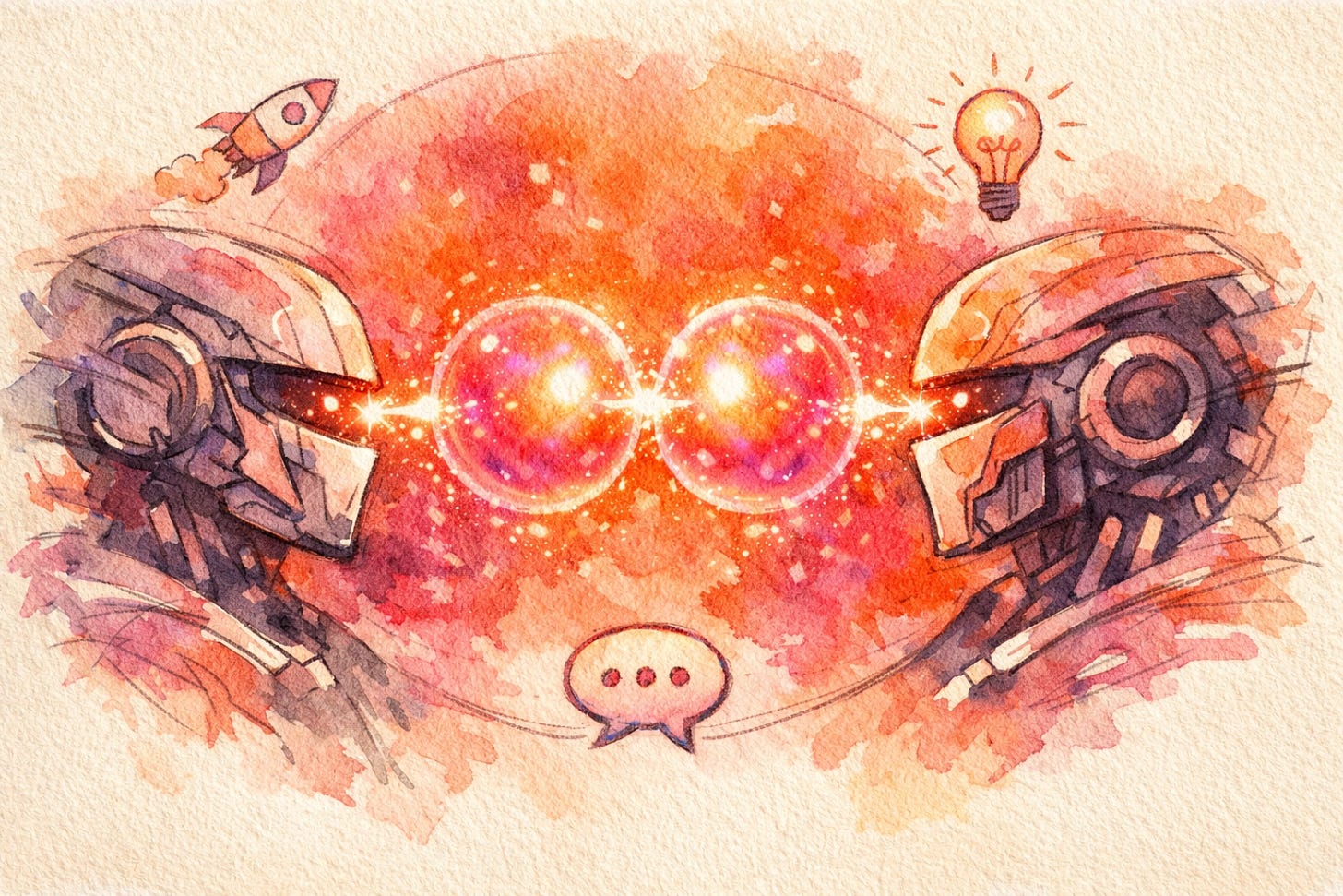 Glowing AI context orb being transferred between two robotic heads — representing portable AI memory and context ownership across ChatGPT Claude and other tools with Mirror Memory