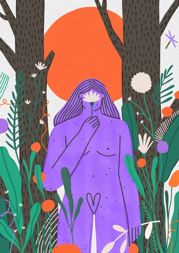 A purple female future with long hair stands in the forest. There is a tree to their right and left and the orange sun hangs between them. The figure is surrounded by plants and flowers and holds a single white flower in front of their face. A purple female future with long hair stands in the forest. There is a tree to their right and left and the orange sun hangs between them. The figure is surrounded by plants and flowers and holds a single white flower in front of their face.