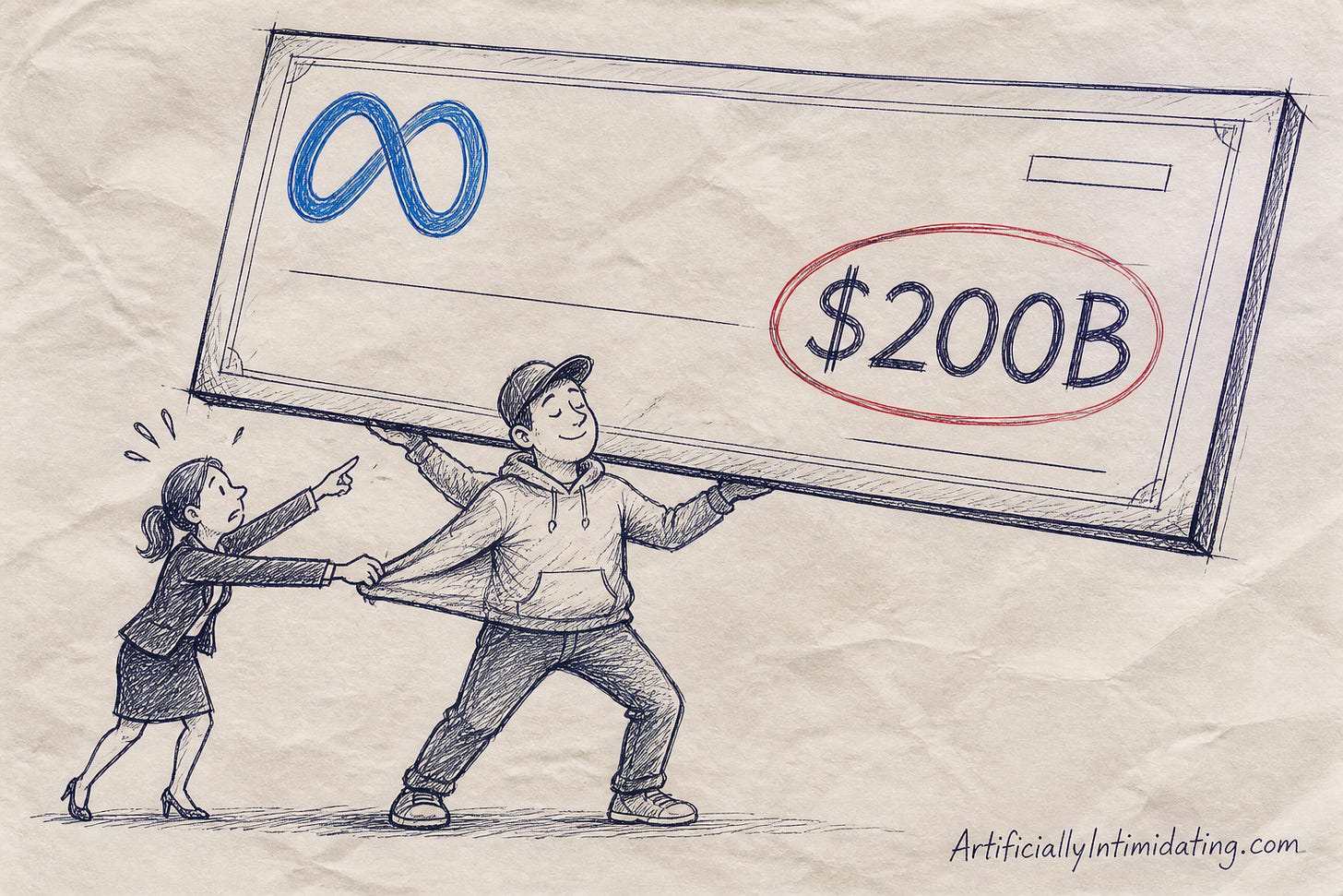 A hoodie-wearing founder archetype grins while hoisting a billboard-sized cheque marked $200B with a blue infinity-loop emblem, as a nervous woman in a suit tugs his sleeve and points at the amount circled in red.