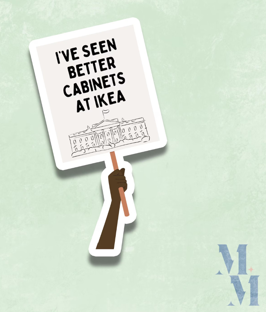 A hand holds a protest sign that reads, "I've seen better cabinets at Ikea," referencing the low quality of the presidential cabinet members appointed by Donald Trump.