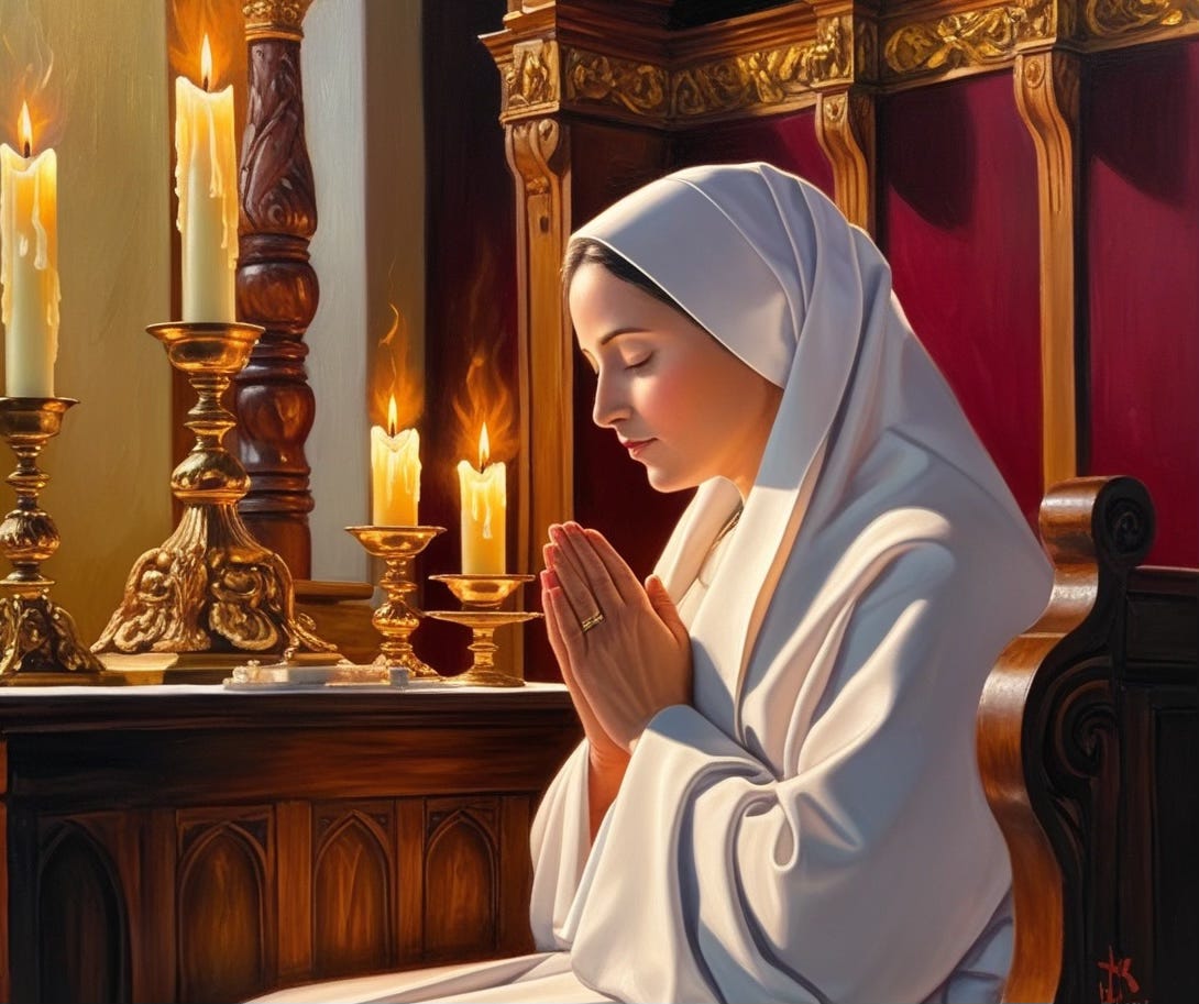 Catholic sister in white praying in pew