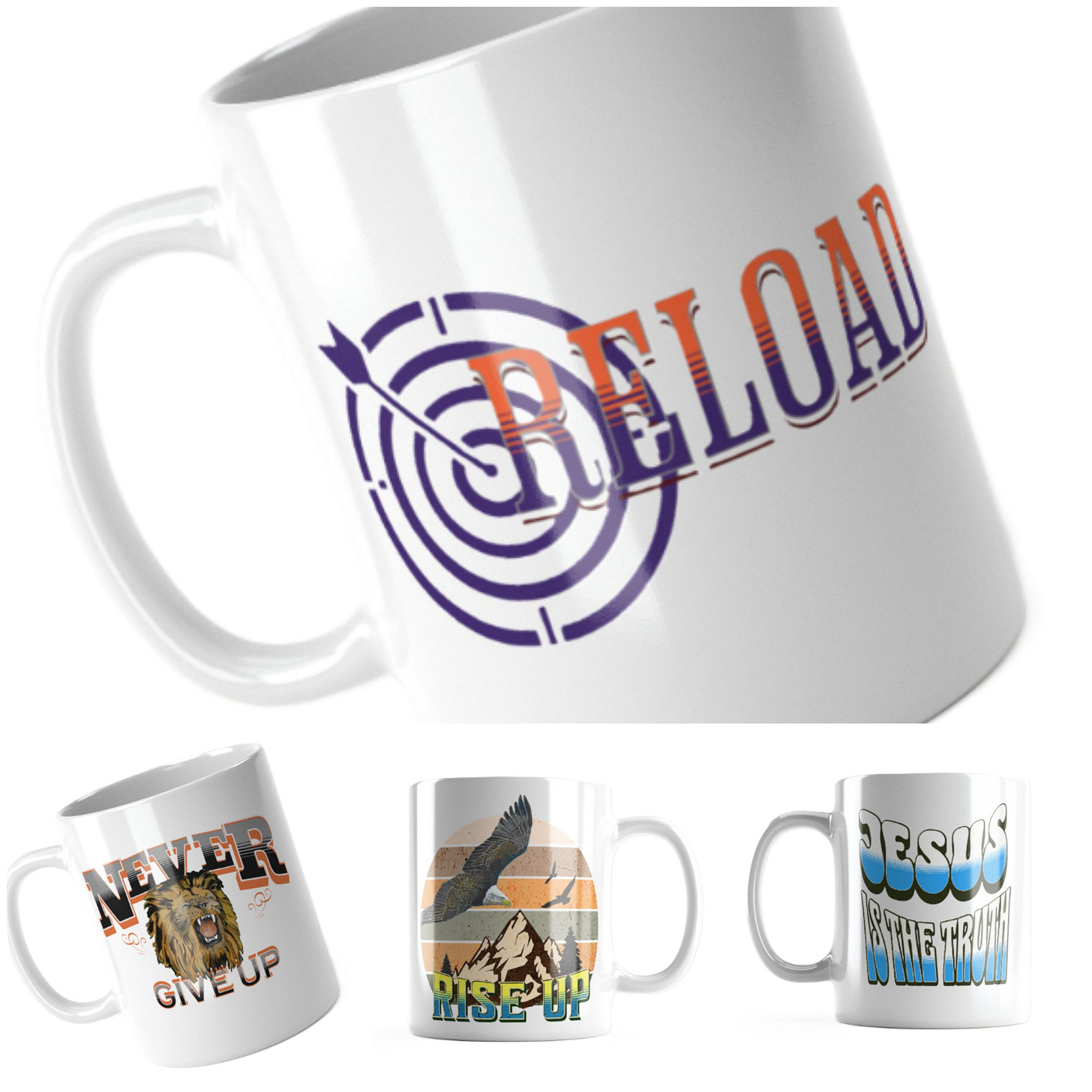Reload Target Mug Design, Never Give Up Lion Mug, Rise Up Eagle Coffee Mug, Jesus is the Truth Mug, Faith-Based Mug Designs, Christian Inspirational Mugs, Wildlife Motivational Mugs, Retro Graphic Mugs,