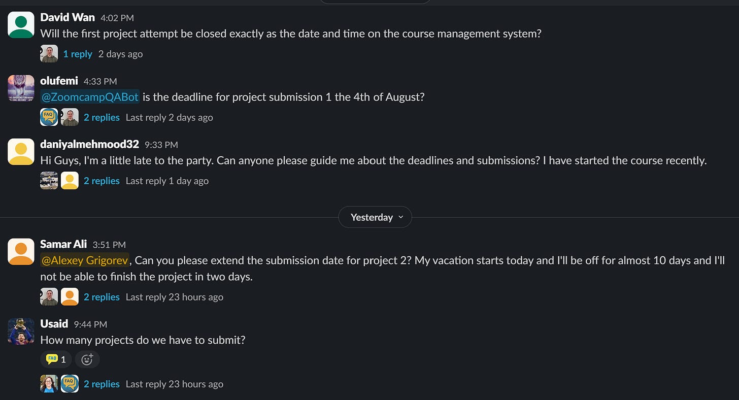 LLM Zoomcamp Slack channel with several course participants asking about project deadlines, submissions, and the number of required projects