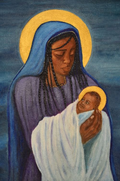 A stylized Black Madonna with traditional African features and gold embellishments, holding baby Jesus close. Both figures have intricate halo designs. A stylized Black Madonna with traditional African features and gold embellishments, holding baby Jesus close. Both figures have intricate halo designs.