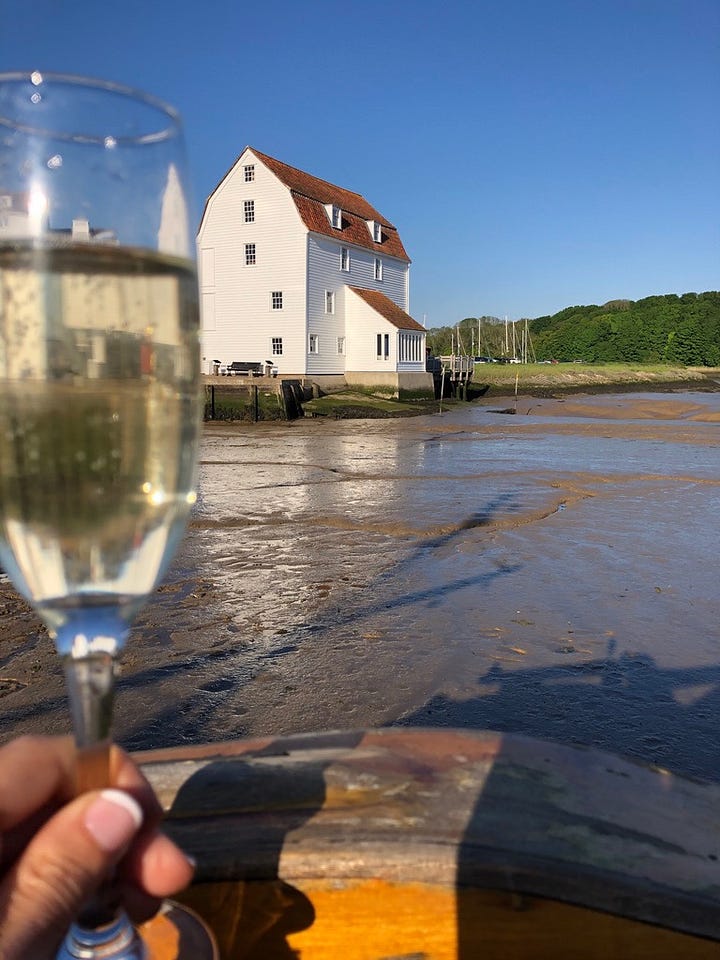 drinking prosecco and white wine on the barge overlooking the tidemill in Woodbridge