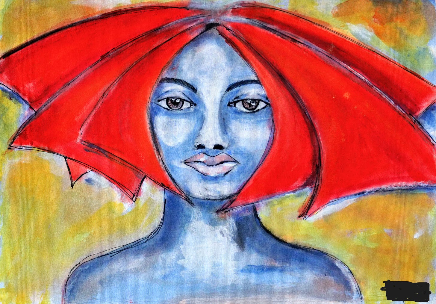 Painting of a portrait of a blue woman with bright red geometric hair Painting of a portrait of a blue woman with bright red geometric hair