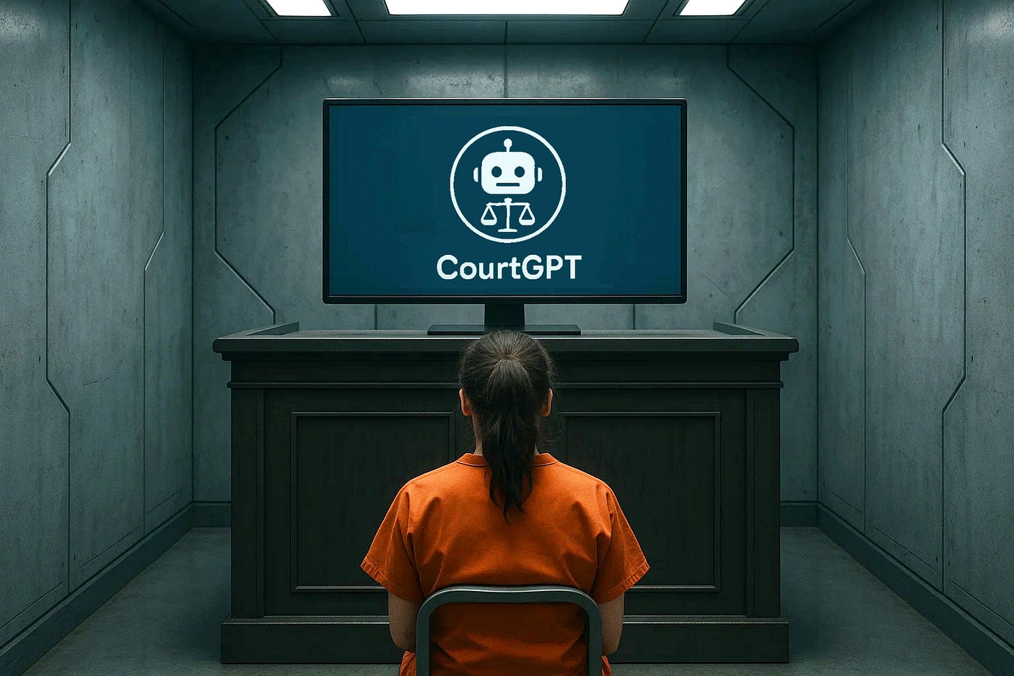A young defendant in an orange correctional uniform faces a glowing computer screen as she awaits an AI trial by “CourtGPT” in a dimly lit futuristic courtroom.